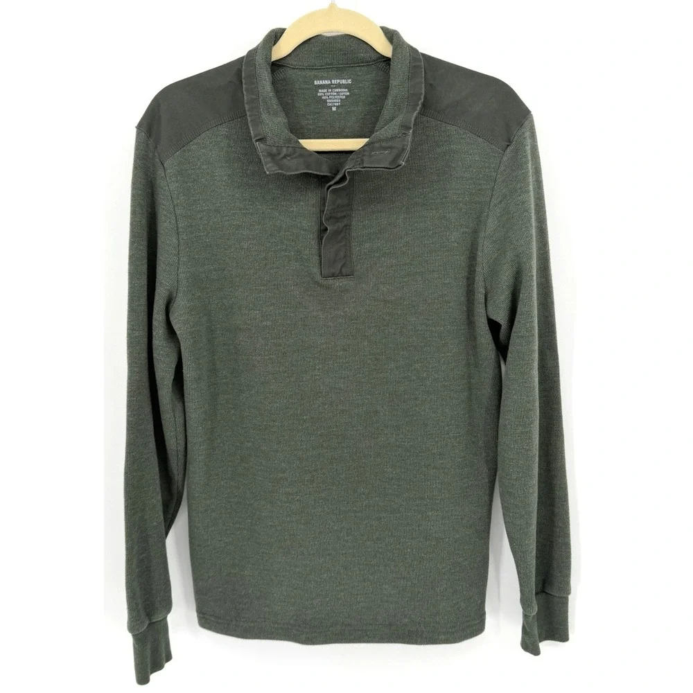 Banana Republic Mens MED 1/4 Button Henley Shirt Green Cotton Blend Long Sleeve